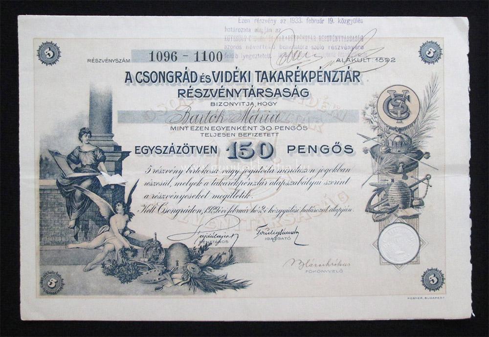 Csongrád és Vidéki Takarékpénztár részvény 5x30 pengõ 1929